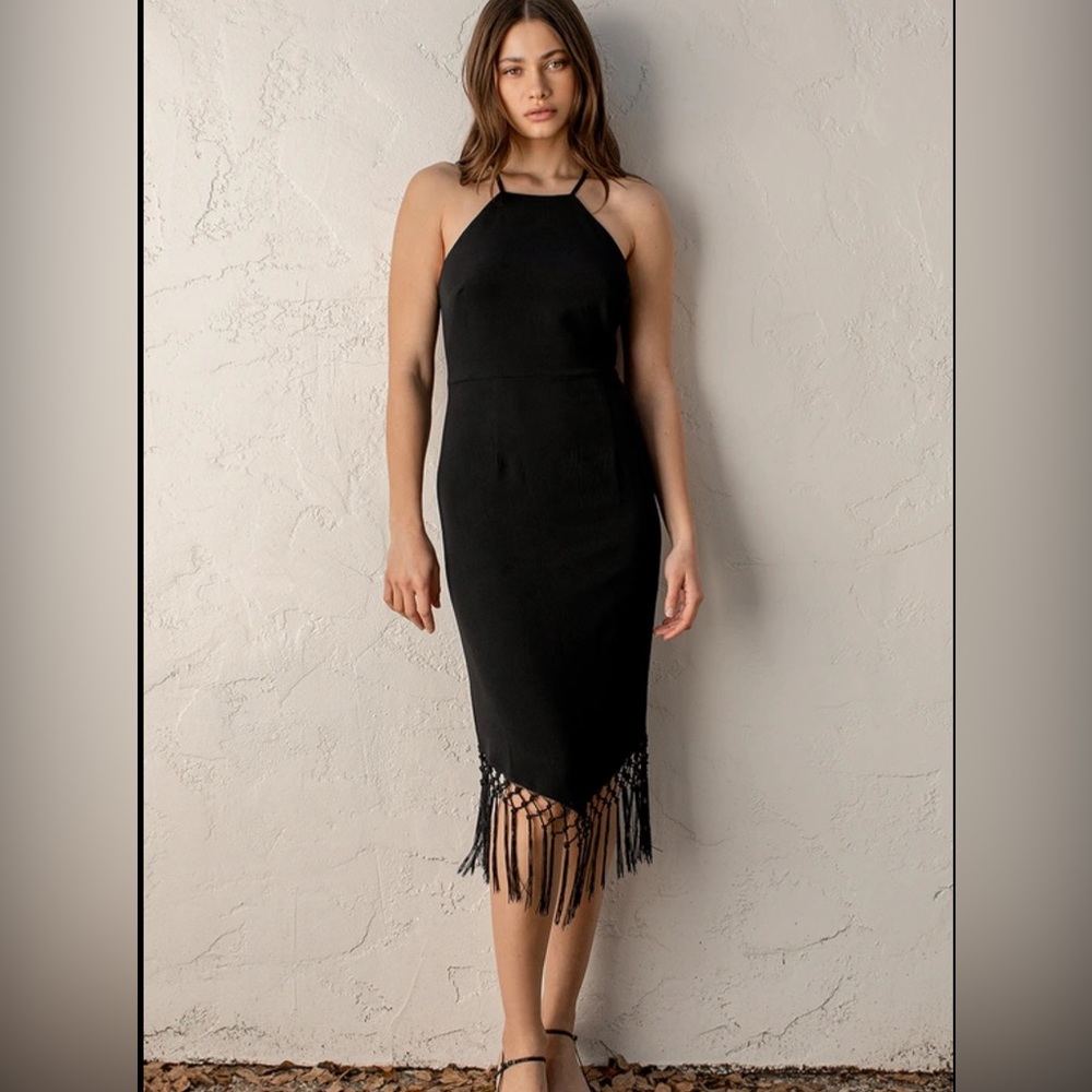 Make it Tropical Black Sleeveless Fringe Midi Dress | size M